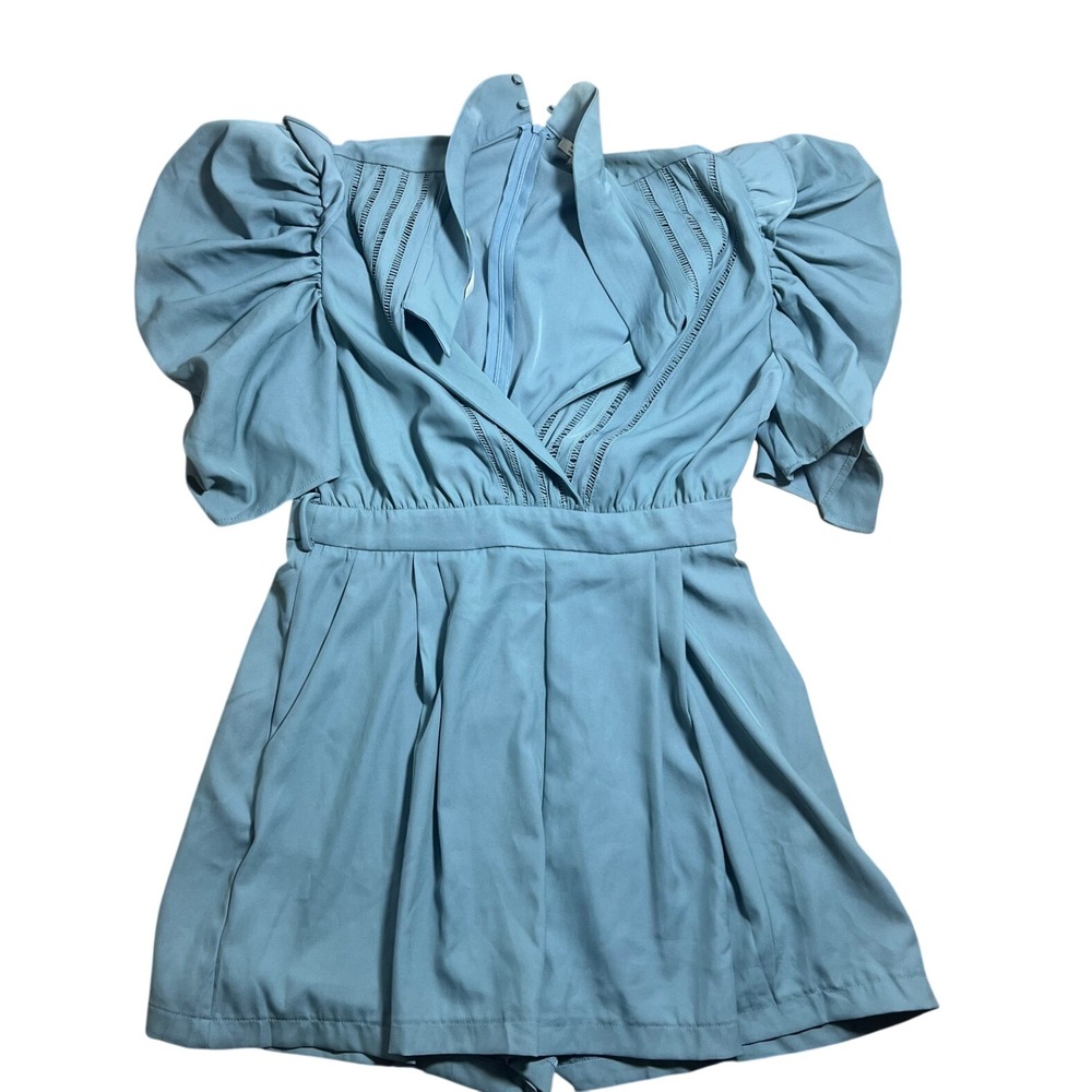 The Clothing Company Women Romper Puff Sleeve Ladder Lace Large Blue